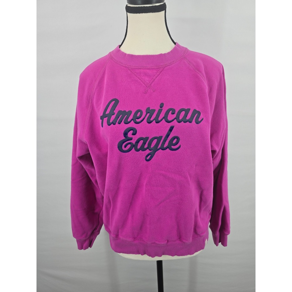 American Eagle Magenta Pink Crewneck‎ Sweatshirt Navy Script Logo Womens Small